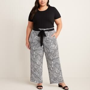 Haute Fox Plus Size 2X Plisse Palm Print Pants Wide Leg Tie Waist Summer